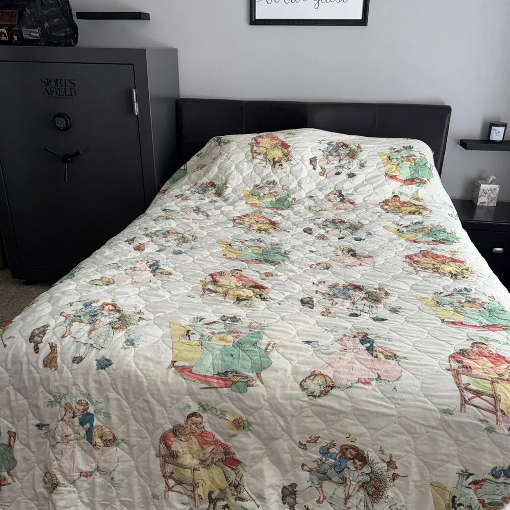 Norman Rockwell Quilt Bedspread Full Queen White Fair Vintage Americana Art